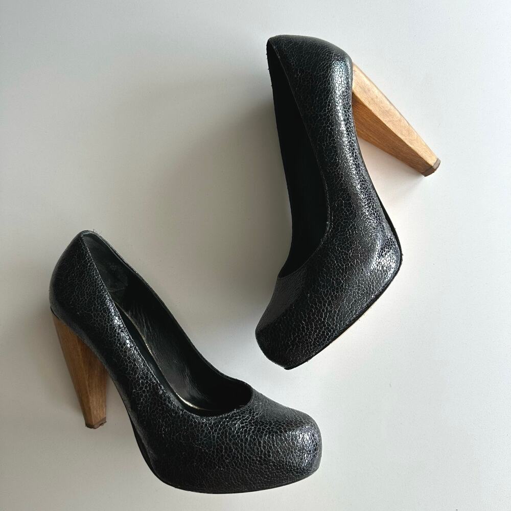 Loeffler Randall Esther Wooden Heel Pebbled Leather Black Platform‎ Heels sz 9